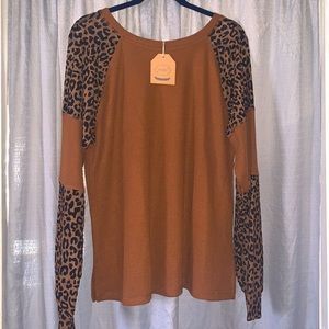 Kori Brown Leopard Pint Waffle Knit Top